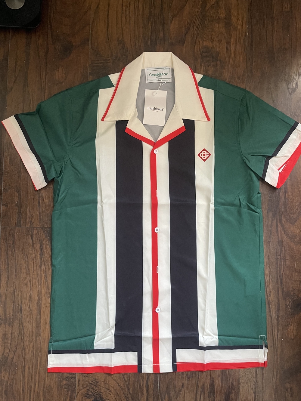 Casablanca Green, Black & White Stripe Short-Sleeve Button Up Shirt Mens Medium